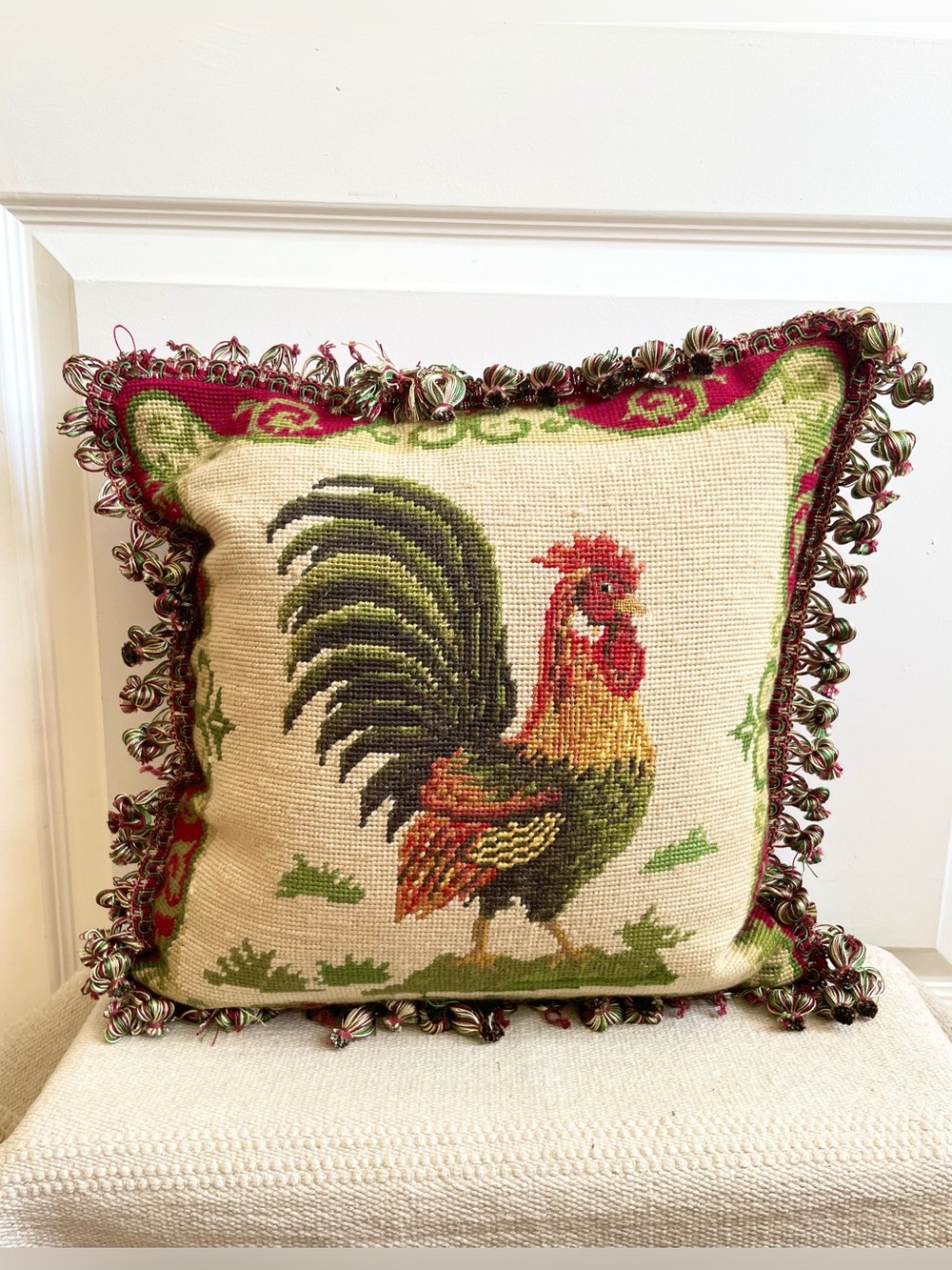 Vintage Needlepoint Rooster Velvet Back Pillow Insert Included Farmhouse